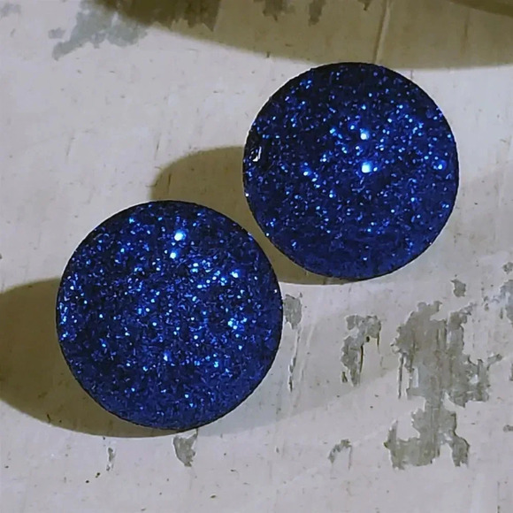Retro 80s Club Glam Disco Sparkly Cobalt Blue Fabric Button Earrings - Picture 5 of 10